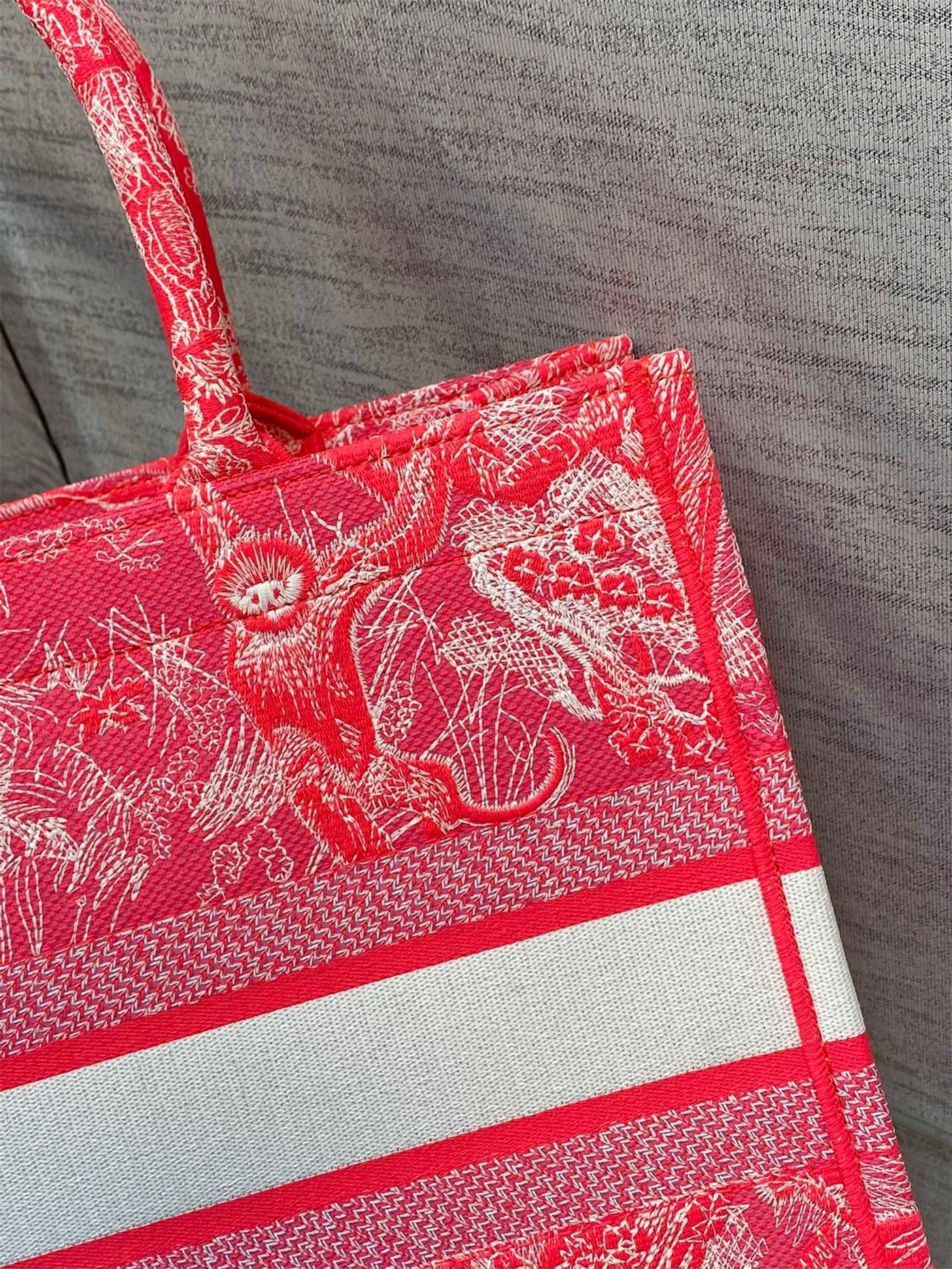 D*or medium book tote bag in fluorescent pink toile de jouy reverse embroidery