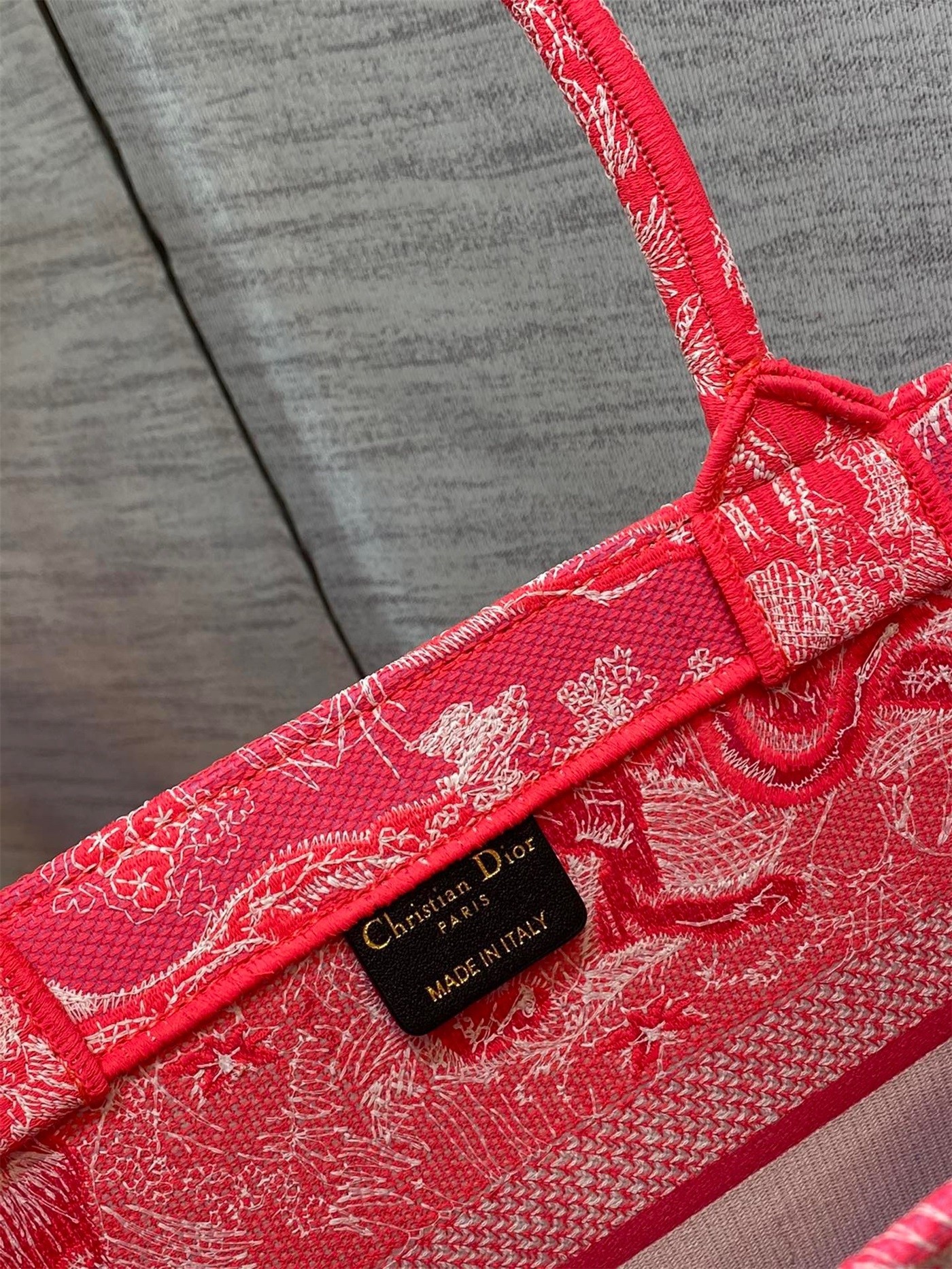 D*or medium book tote bag in fluorescent pink toile de jouy reverse embroidery
