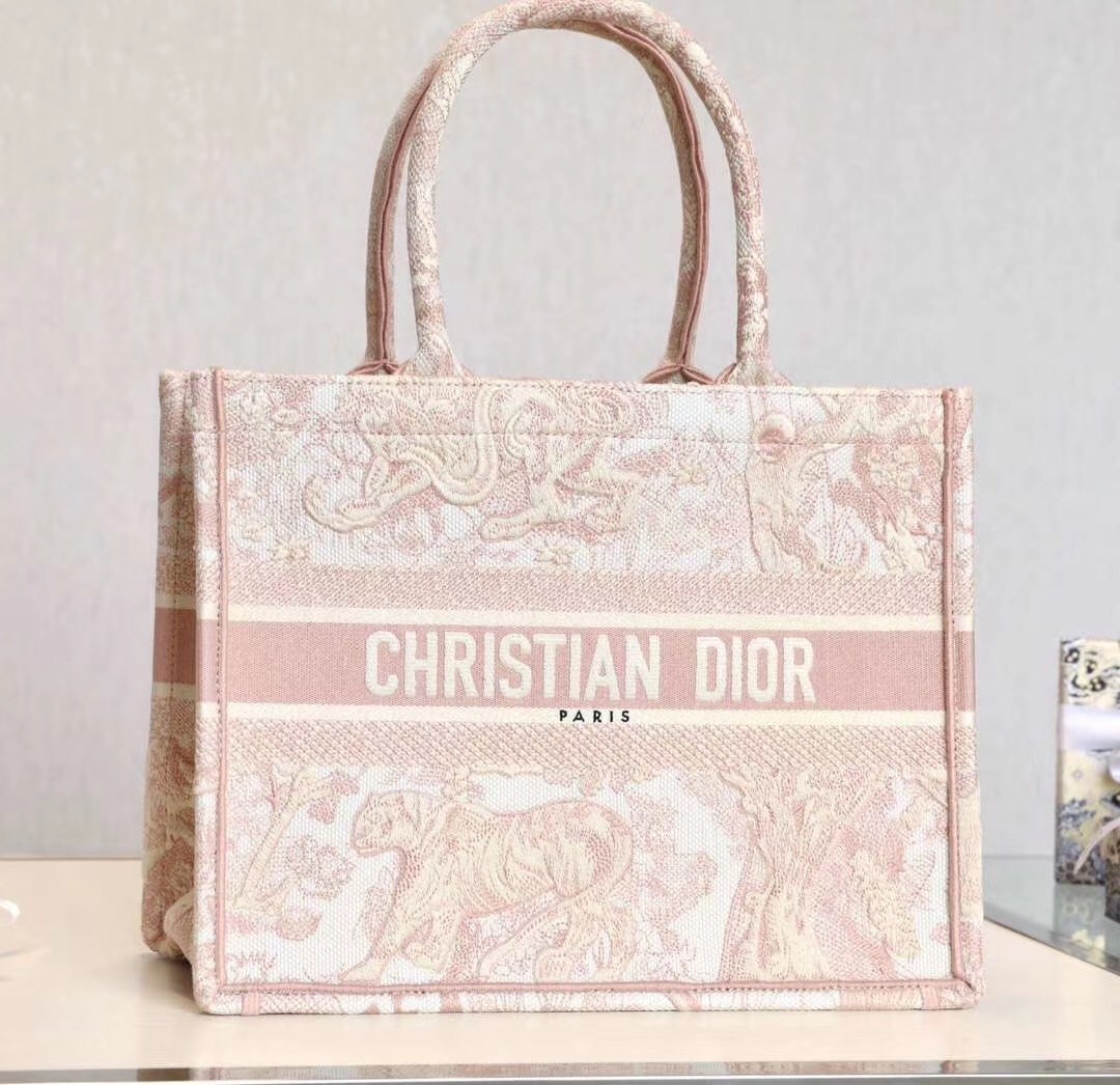 D*or small book tote in pink toile de jouy canvas