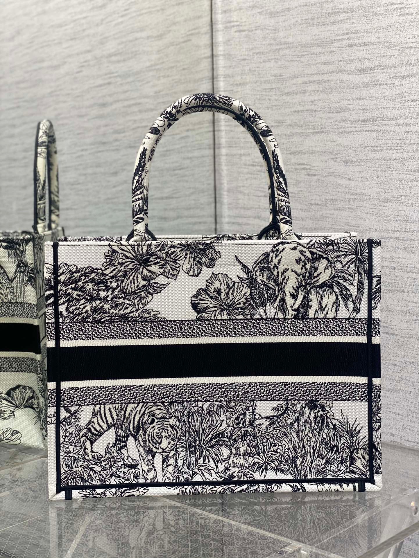 D*or medium book tote bag in white toile de jouy voyage embroidery
