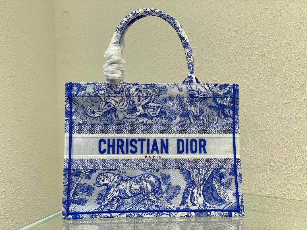D*or medium book tote bag in blue transparent toile de jouy canvas