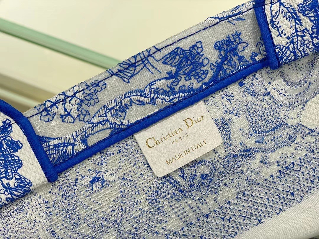 D*or medium book tote bag in blue transparent toile de jouy canvas