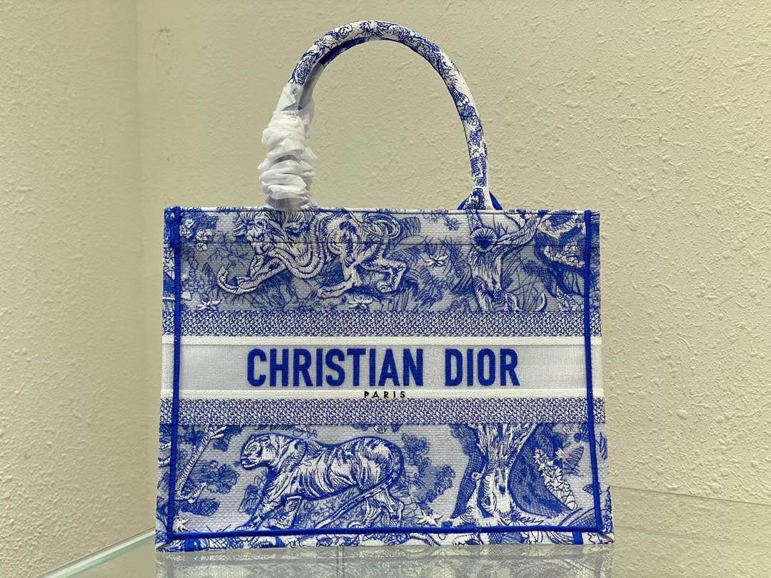 D*or medium book tote bag in blue transparent toile de jouy canvas