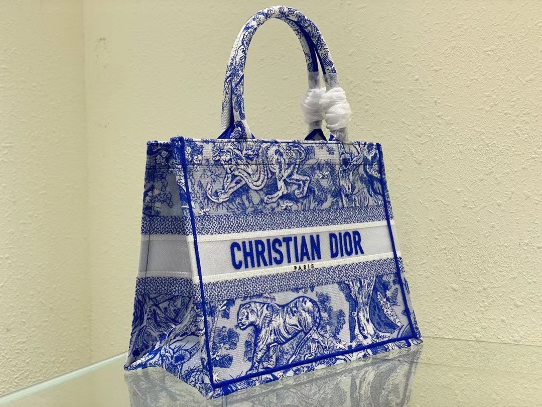 D*or medium book tote bag in blue transparent toile de jouy canvas