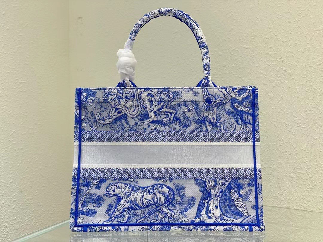 D*or medium book tote bag in blue transparent toile de jouy canvas