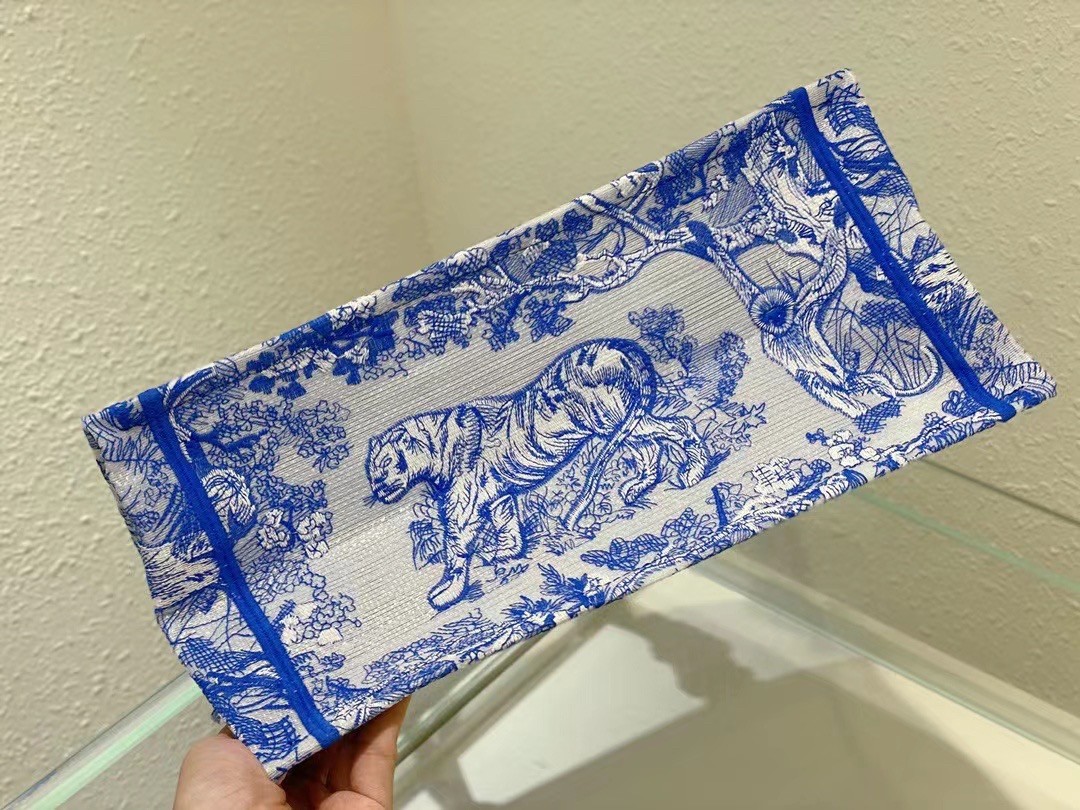 D*or medium book tote bag in blue transparent toile de jouy canvas