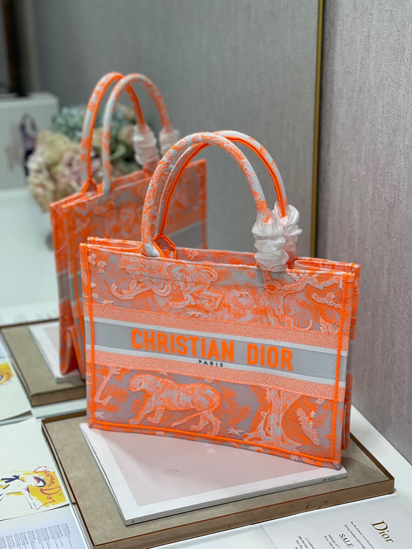 D*or medium book tote bag in orange transparent toile de jouy canvas