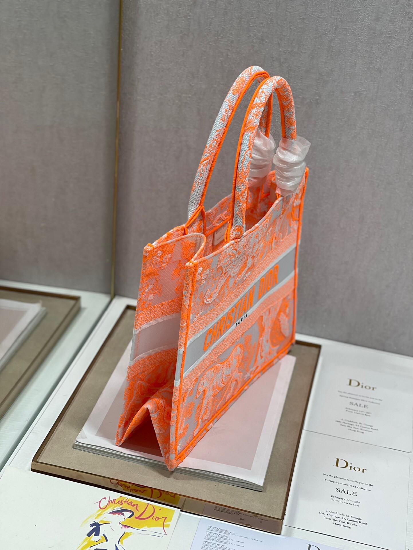 D*or medium book tote bag in orange transparent toile de jouy canvas