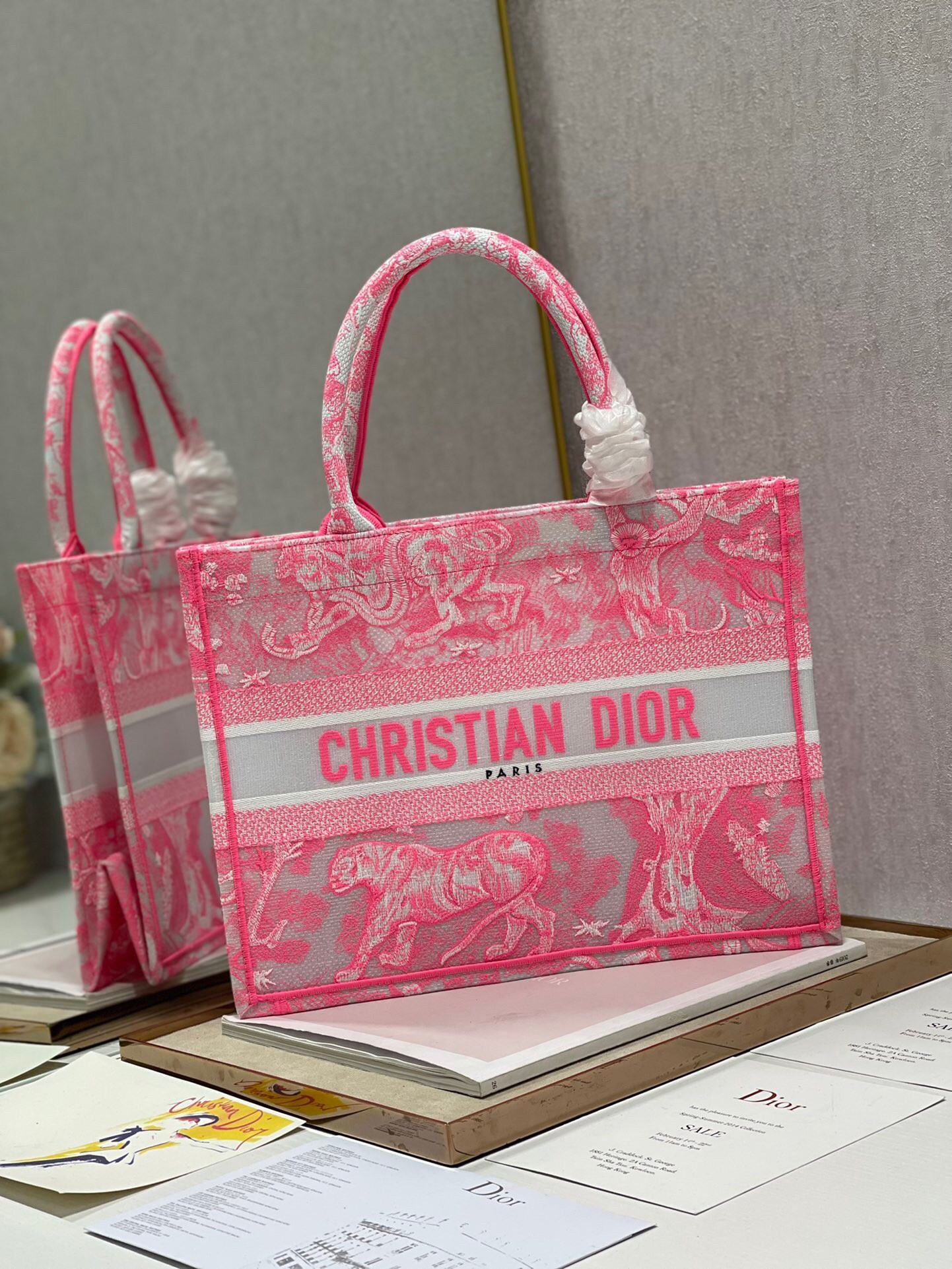 D*or medium book tote bag in pink transparent toile de jouy canvas