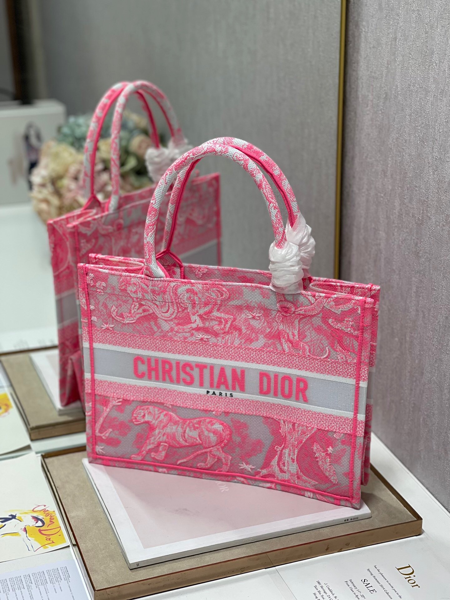 D*or medium book tote bag in pink transparent toile de jouy canvas