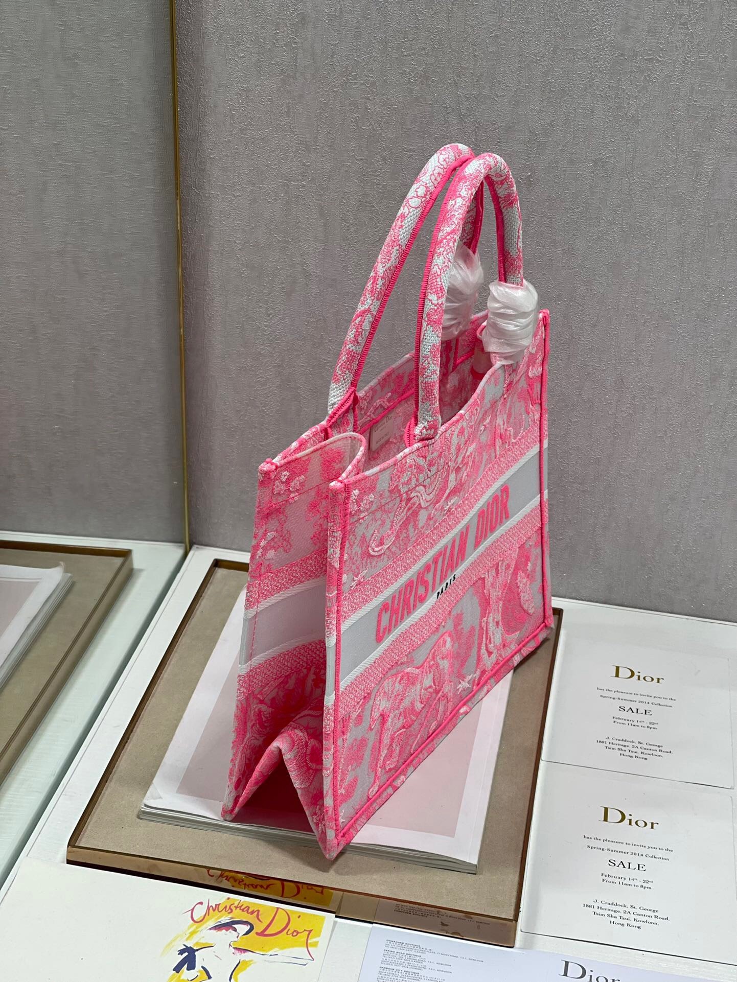 D*or medium book tote bag in pink transparent toile de jouy canvas