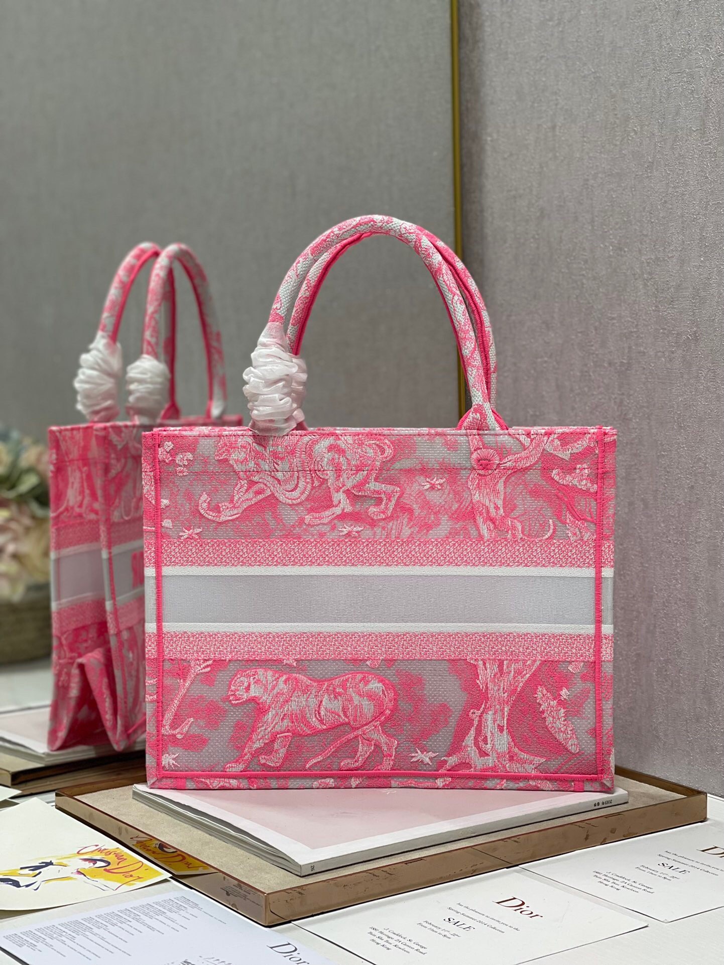 D*or medium book tote bag in pink transparent toile de jouy canvas