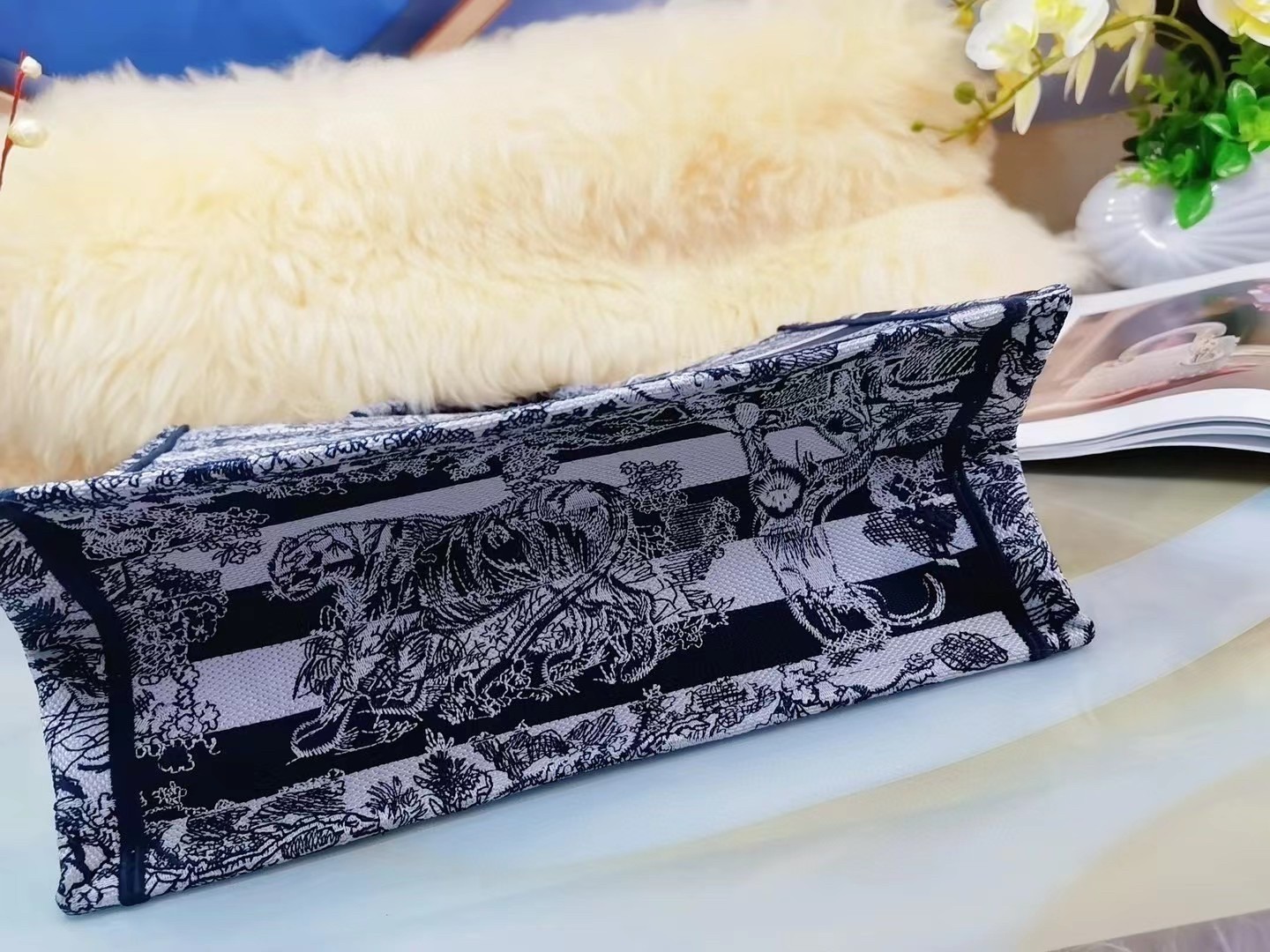 D*or medium book tote bag in blue toile de jouy stripes embroidery