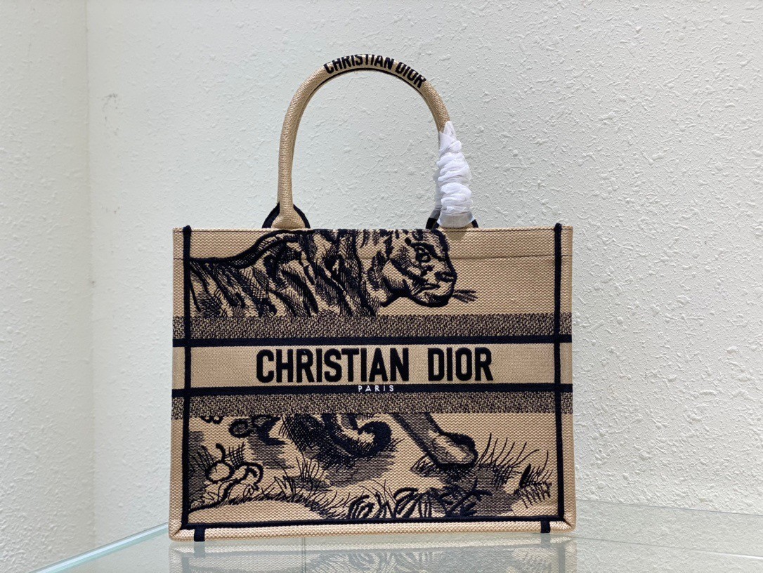 D*or medium book tote bag in macro toile de jouy tiger embroidery