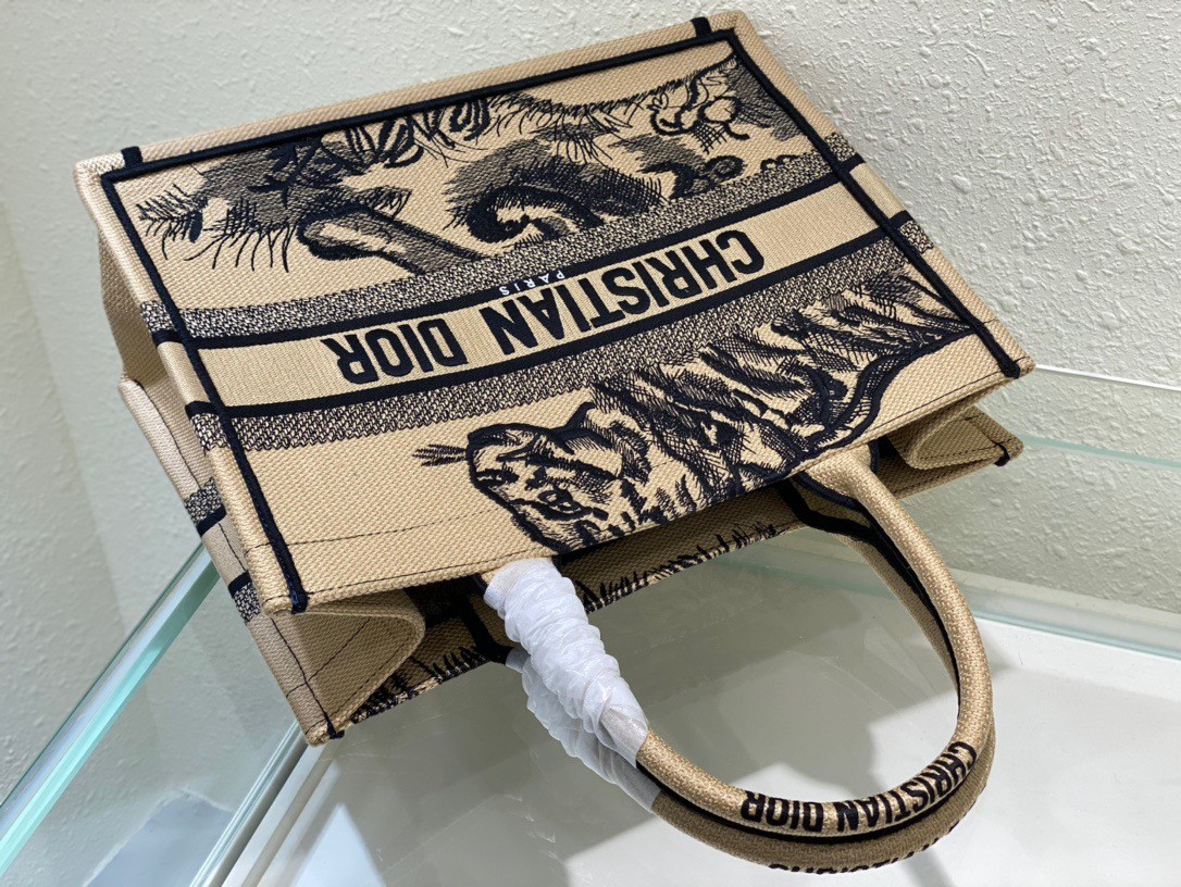 D*or medium book tote bag in macro toile de jouy tiger embroidery