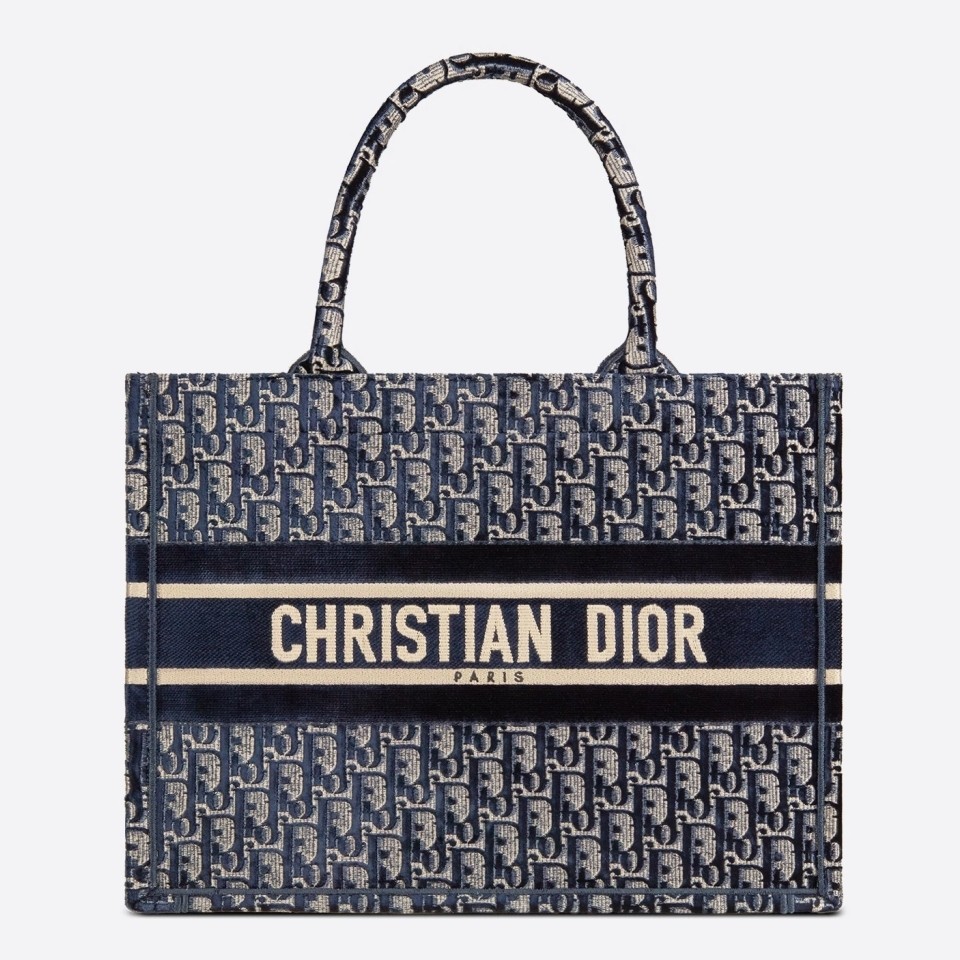 D*or small book tote bag in blue oblique embroidered velvet
