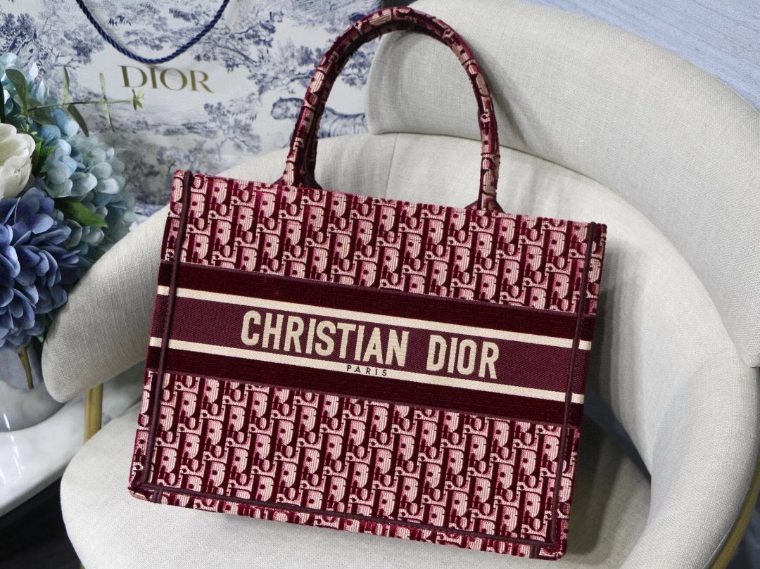 D*or small book tote bag in bordeaux oblique embroidered velvet