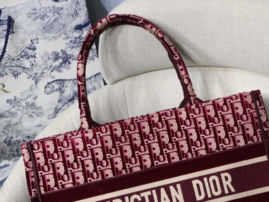 D*or small book tote bag in bordeaux oblique embroidered velvet
