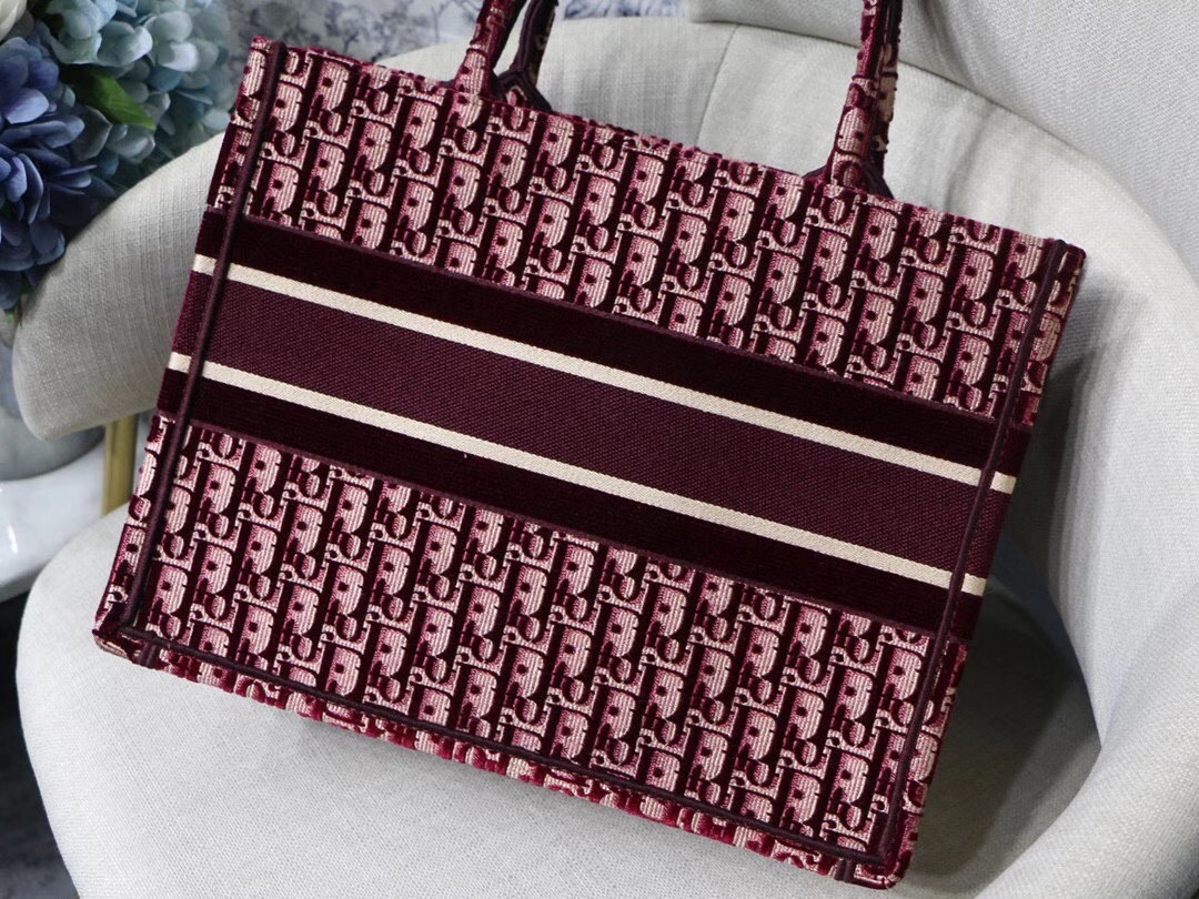 D*or small book tote bag in bordeaux oblique embroidered velvet