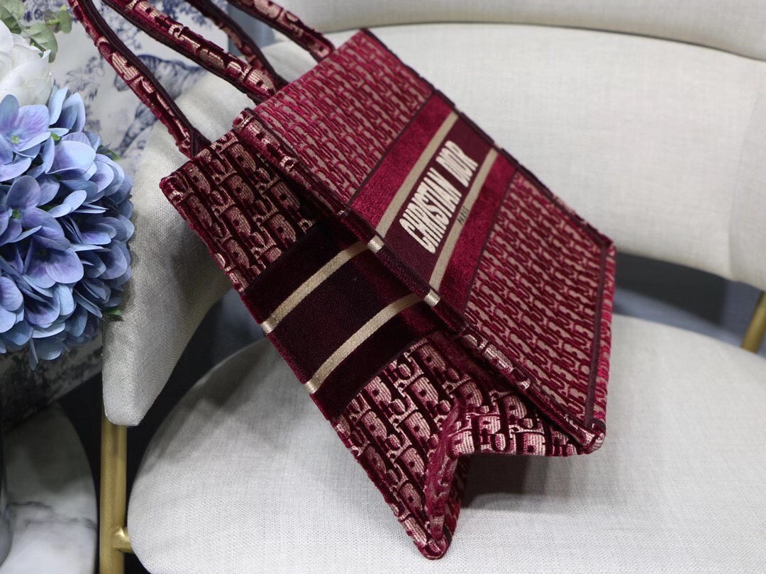 D*or small book tote bag in bordeaux oblique embroidered velvet