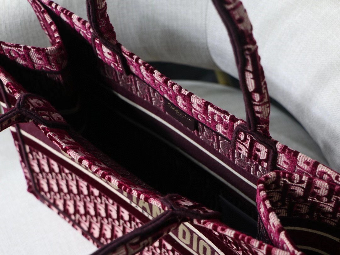 D*or small book tote bag in bordeaux oblique embroidered velvet