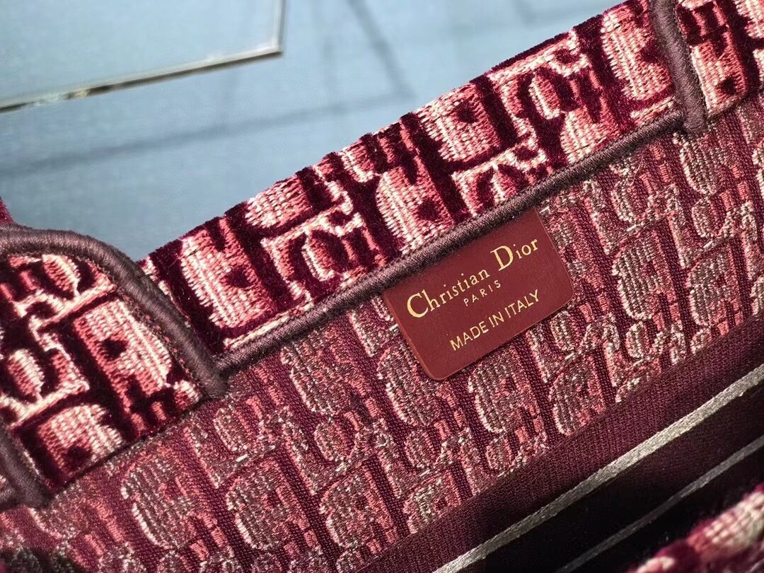 D*or small book tote bag in bordeaux oblique embroidered velvet