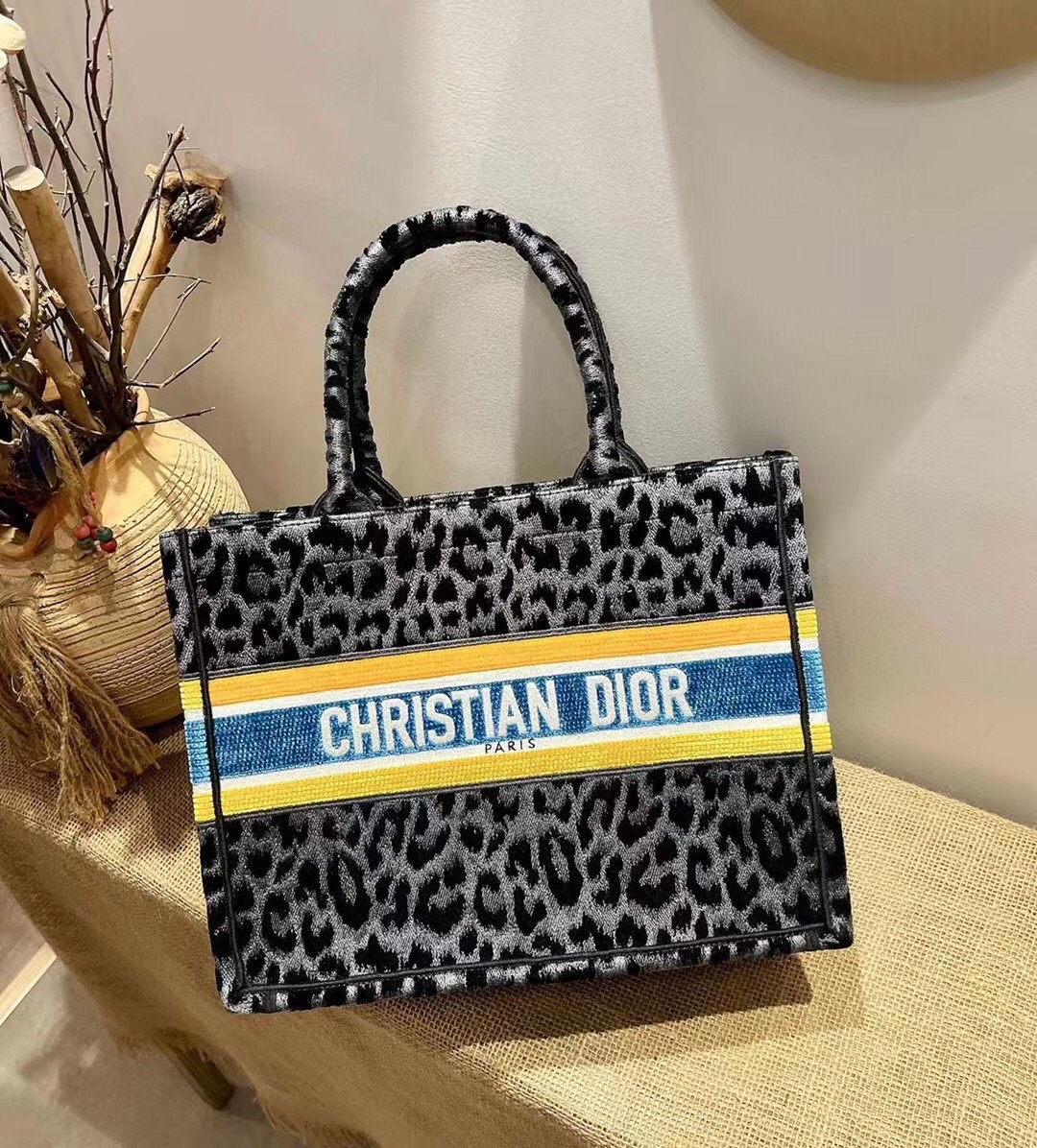 D*or small book tote bag in grey mizza embroidered velvet