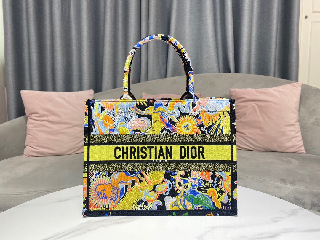D*or medium book tote in black zodiac fantastico embroidery