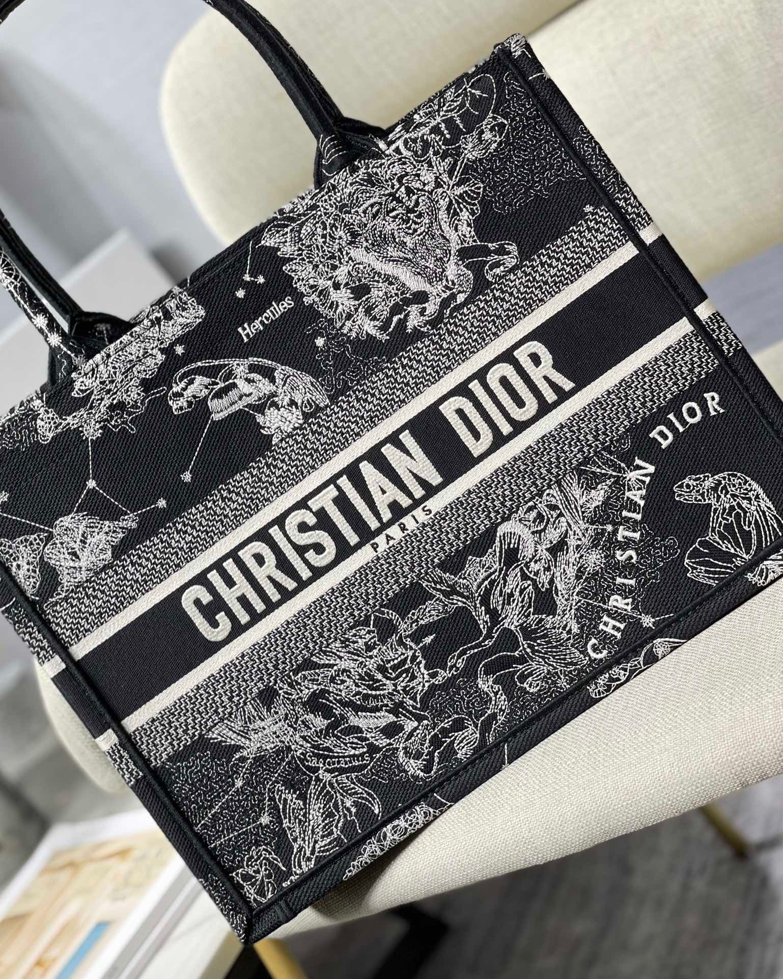 D*or medium book tote bag in black toile de jouy zodiac embroidery