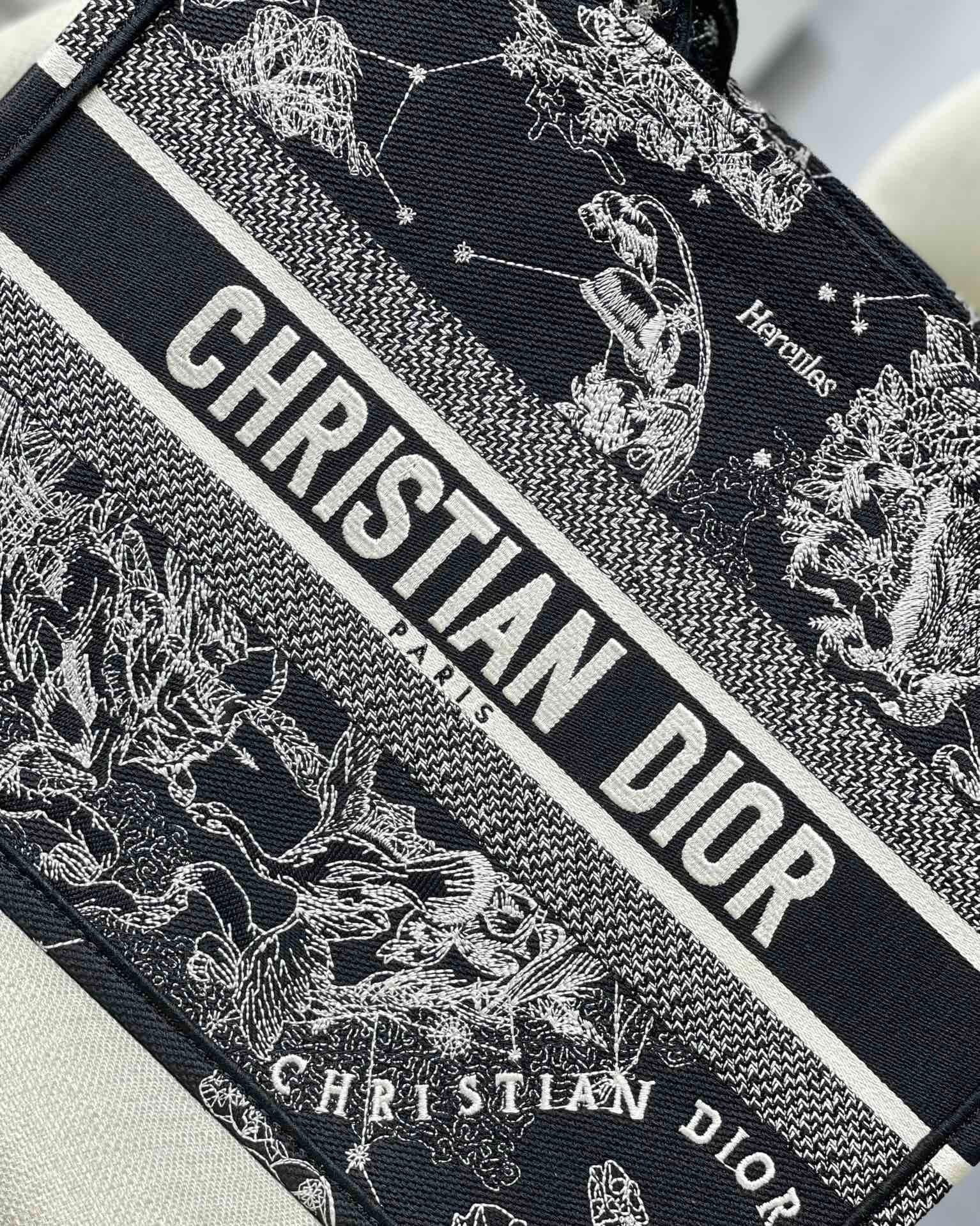 D*or medium book tote bag in black toile de jouy zodiac embroidery