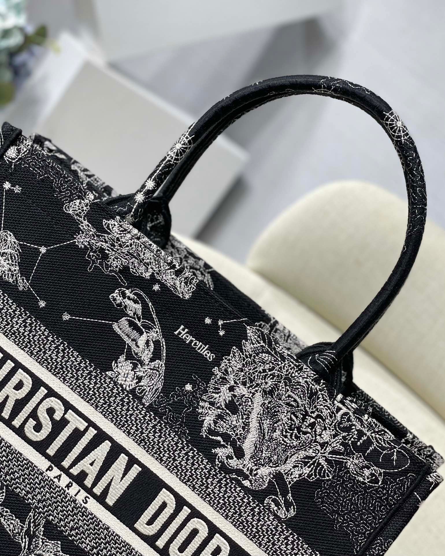 D*or medium book tote bag in black toile de jouy zodiac embroidery