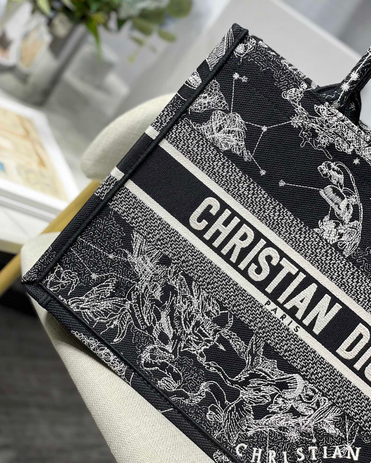D*or medium book tote bag in black toile de jouy zodiac embroidery