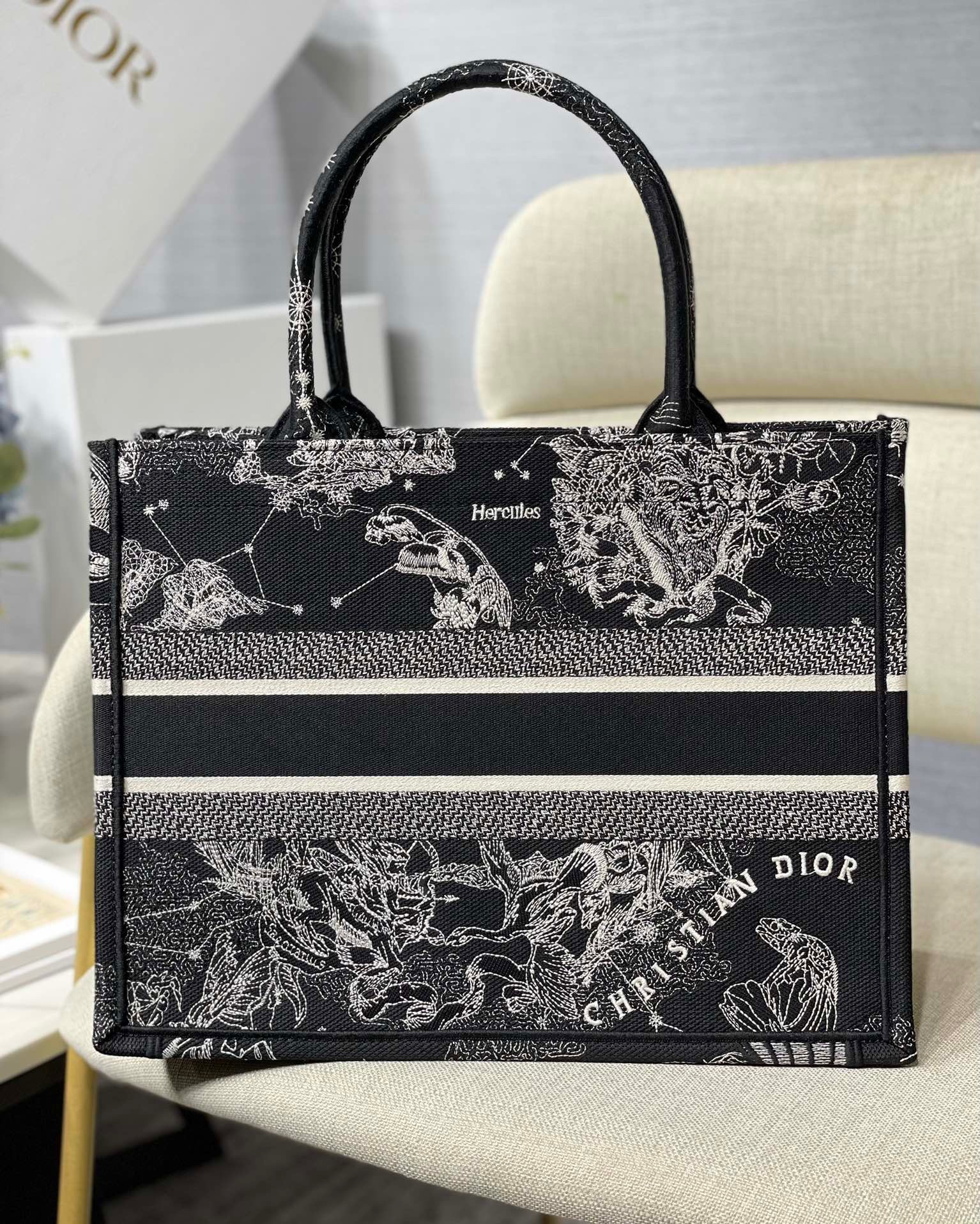 D*or medium book tote bag in black toile de jouy zodiac embroidery
