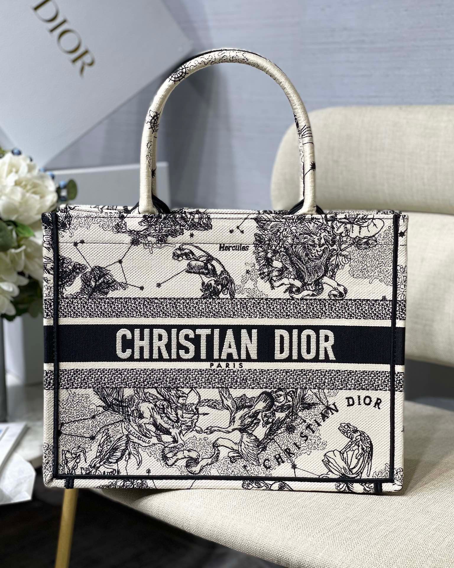 D*or medium book tote bag in white toile de jouy zodiac embroidery