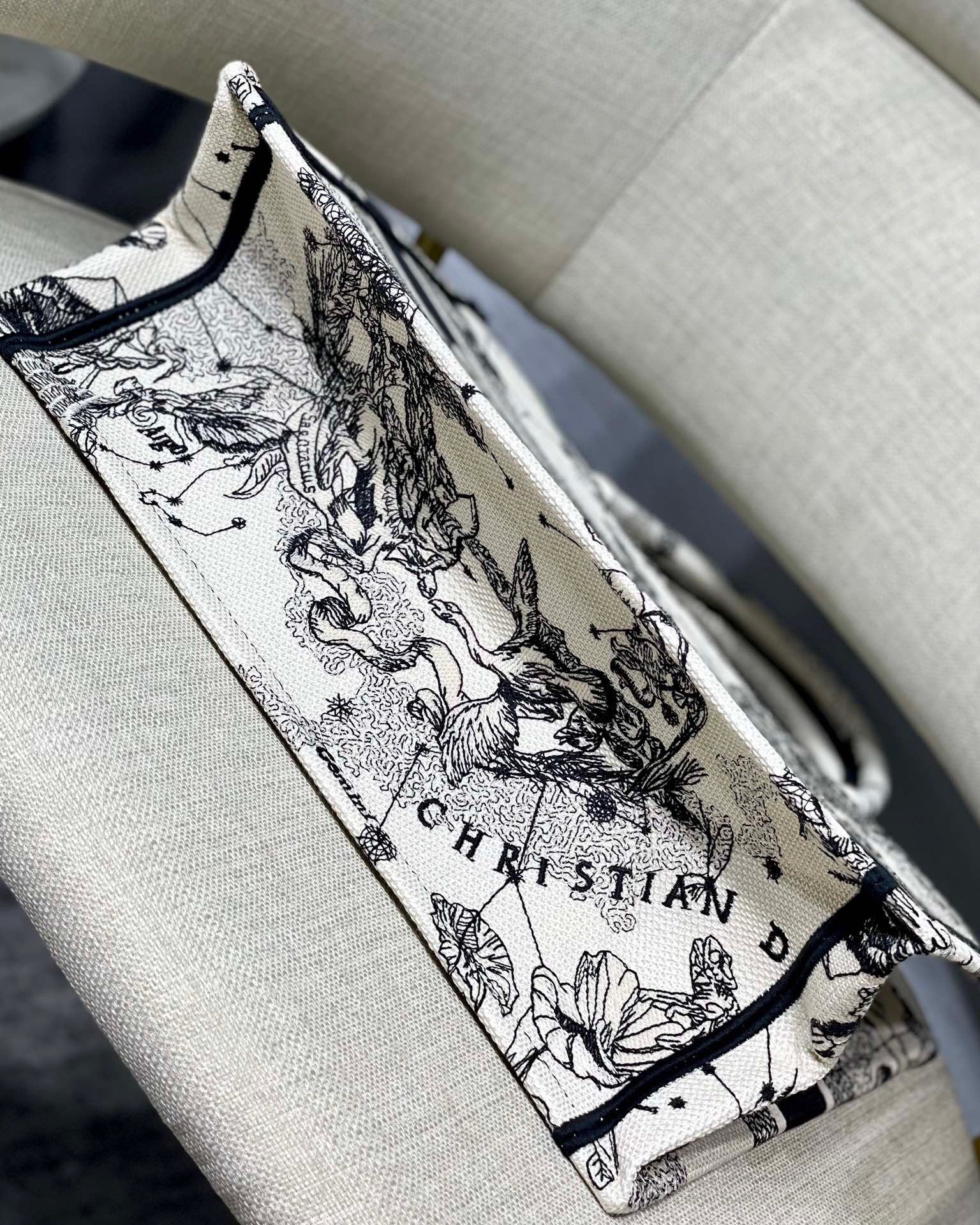 D*or medium book tote bag in white toile de jouy zodiac embroidery