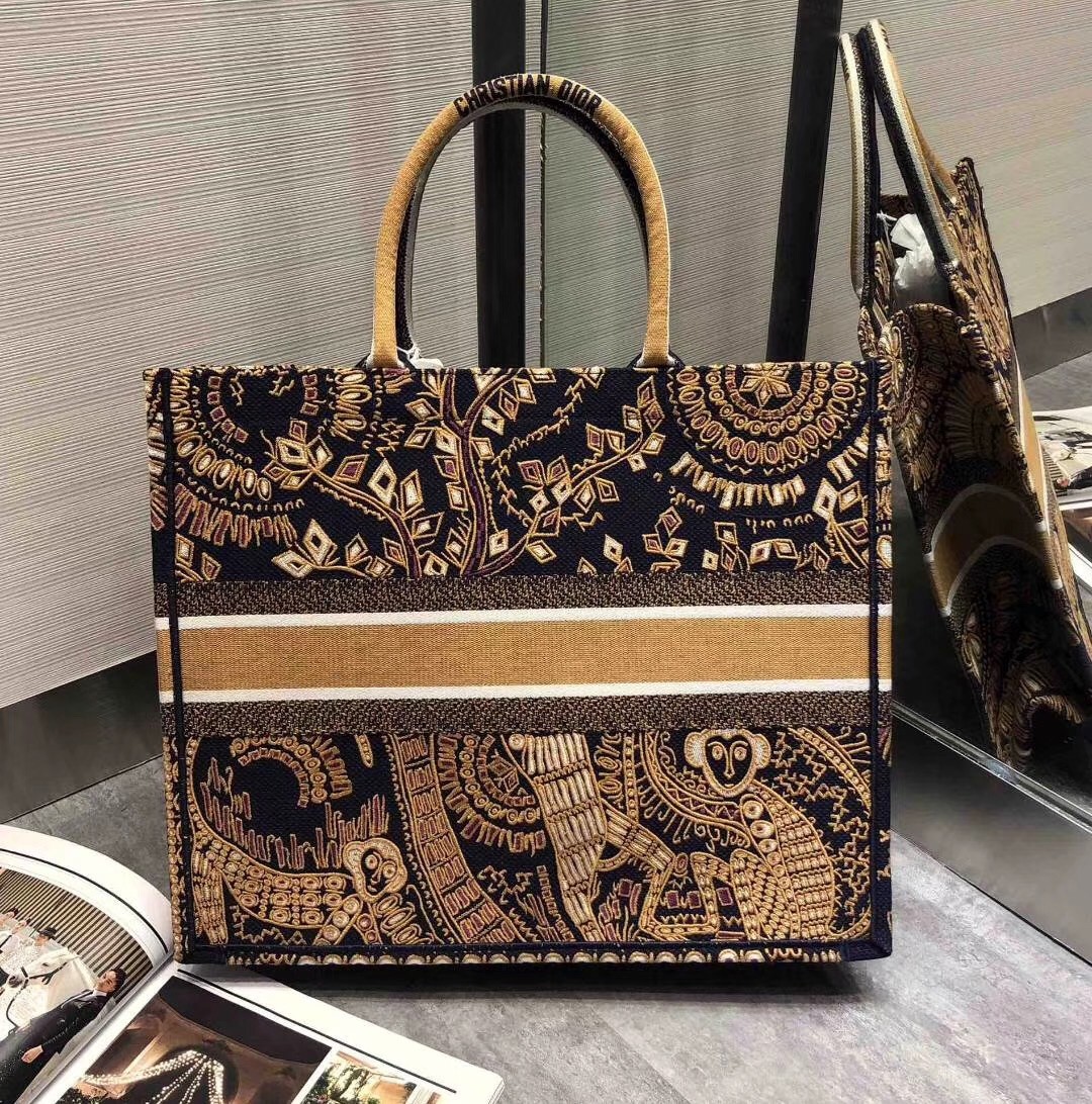 D*or book tote bag in orange animals embroidered canvas