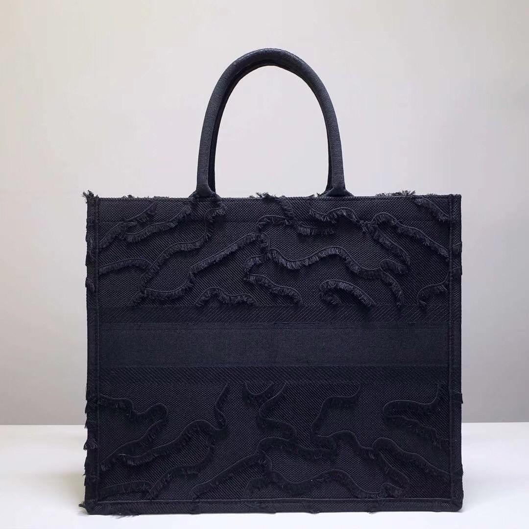 D*or book tote bag in black camouflage embroidered canvas