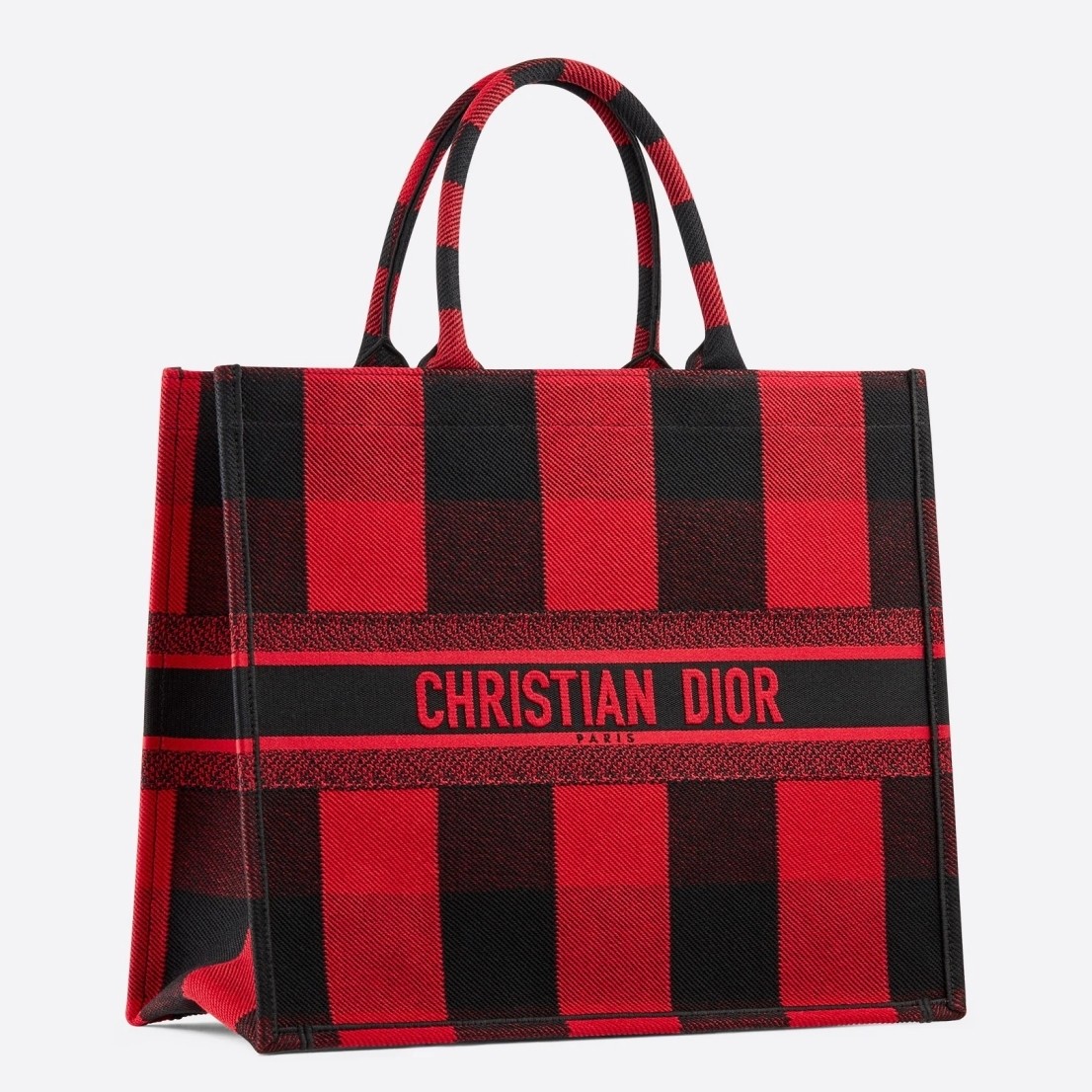 D*or book tote bag in red/black check embroidered canvas