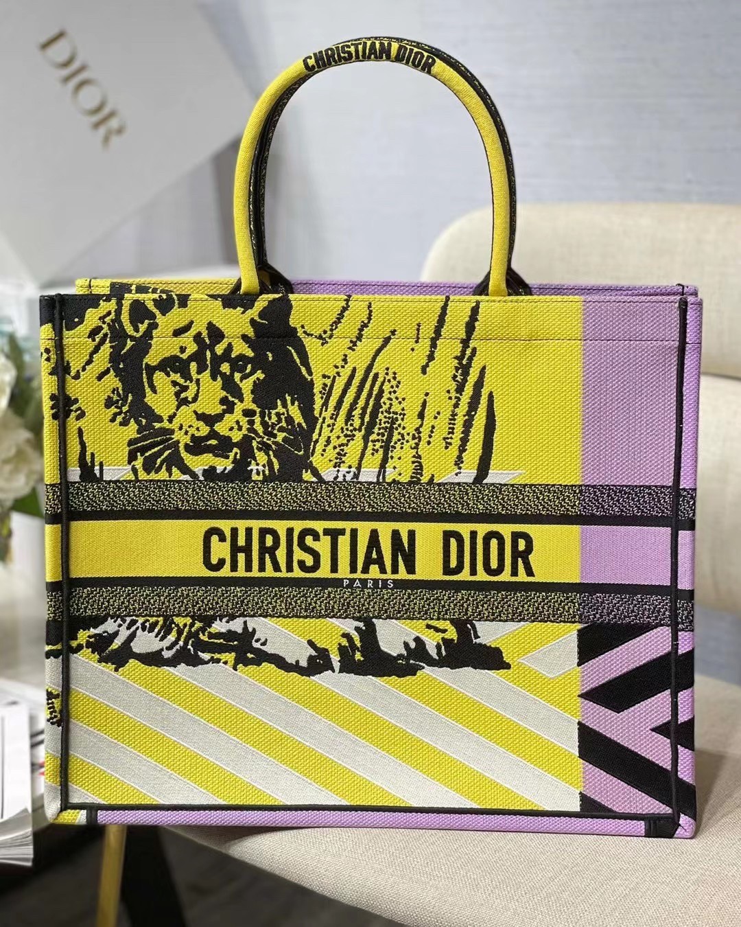 D*or large book tote bag in yellow d-jungle pop embroidery