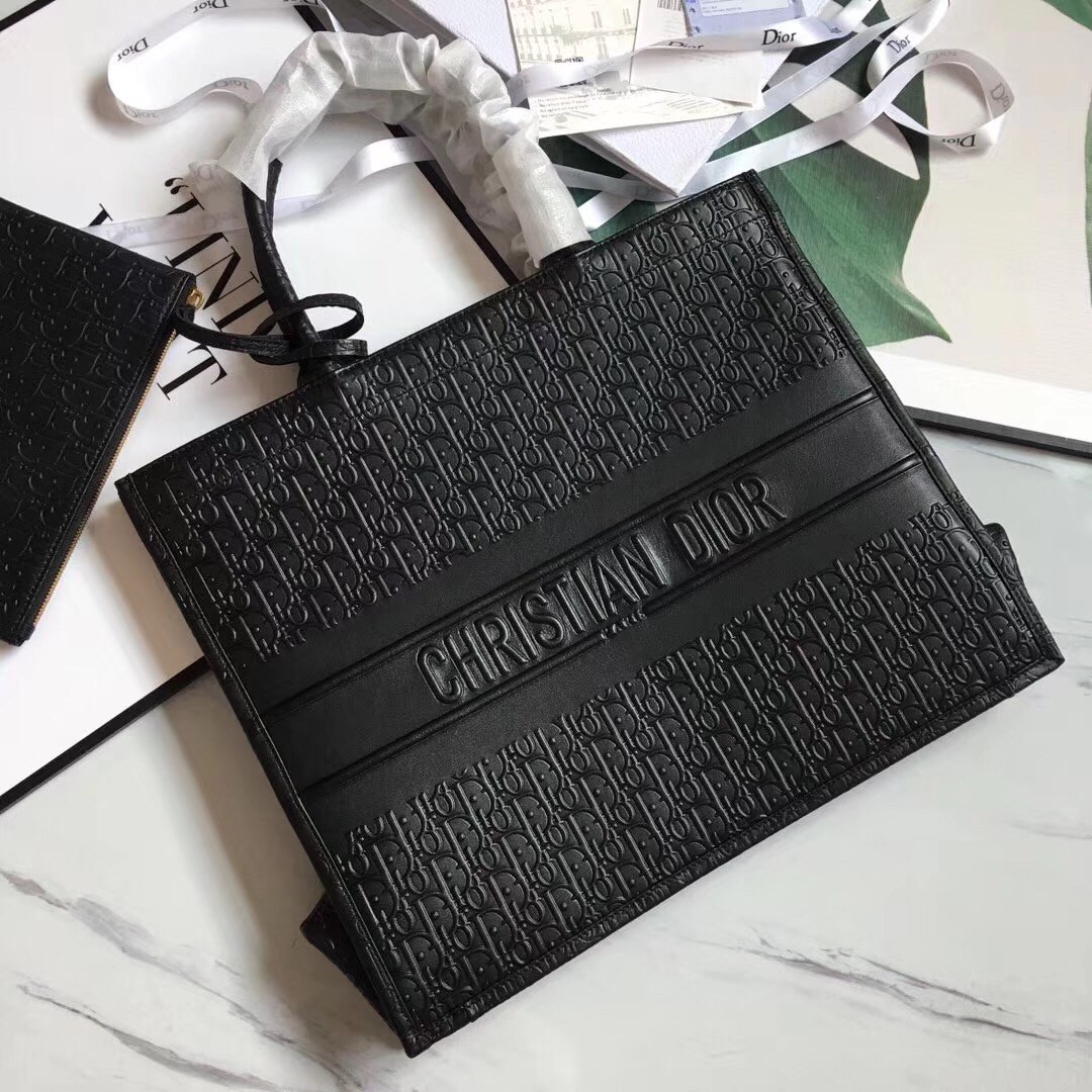 D*or book tote bag in black oblique embossed calfskin