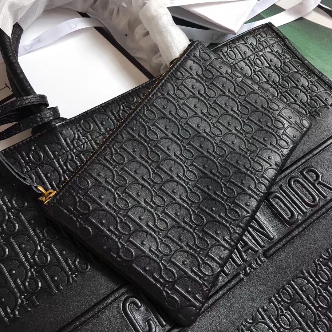 D*or book tote bag in black oblique embossed calfskin