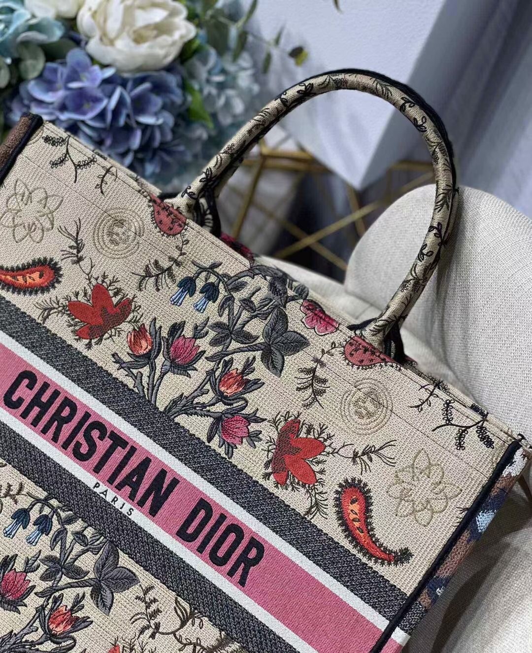 D*or book tote bag in multicolor D*or flowers embroidery
