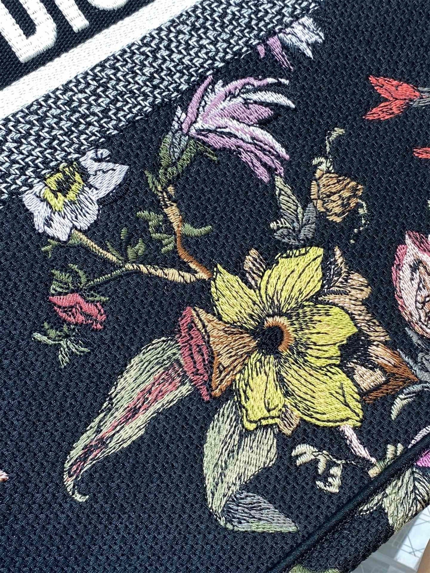 D*or large book tote bag in black multicolor jardin botanique embroidery