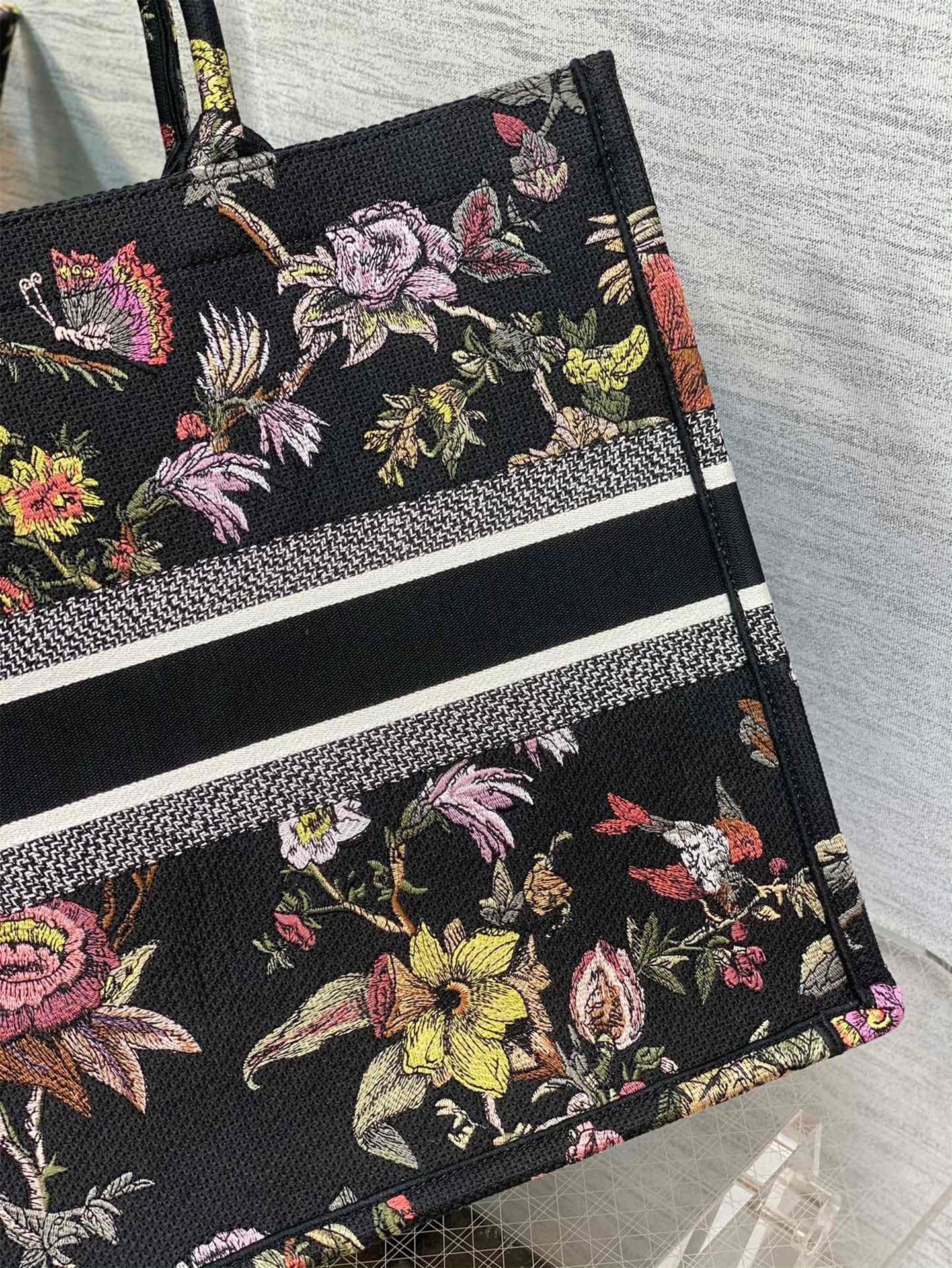 D*or large book tote bag in black multicolor jardin botanique embroidery