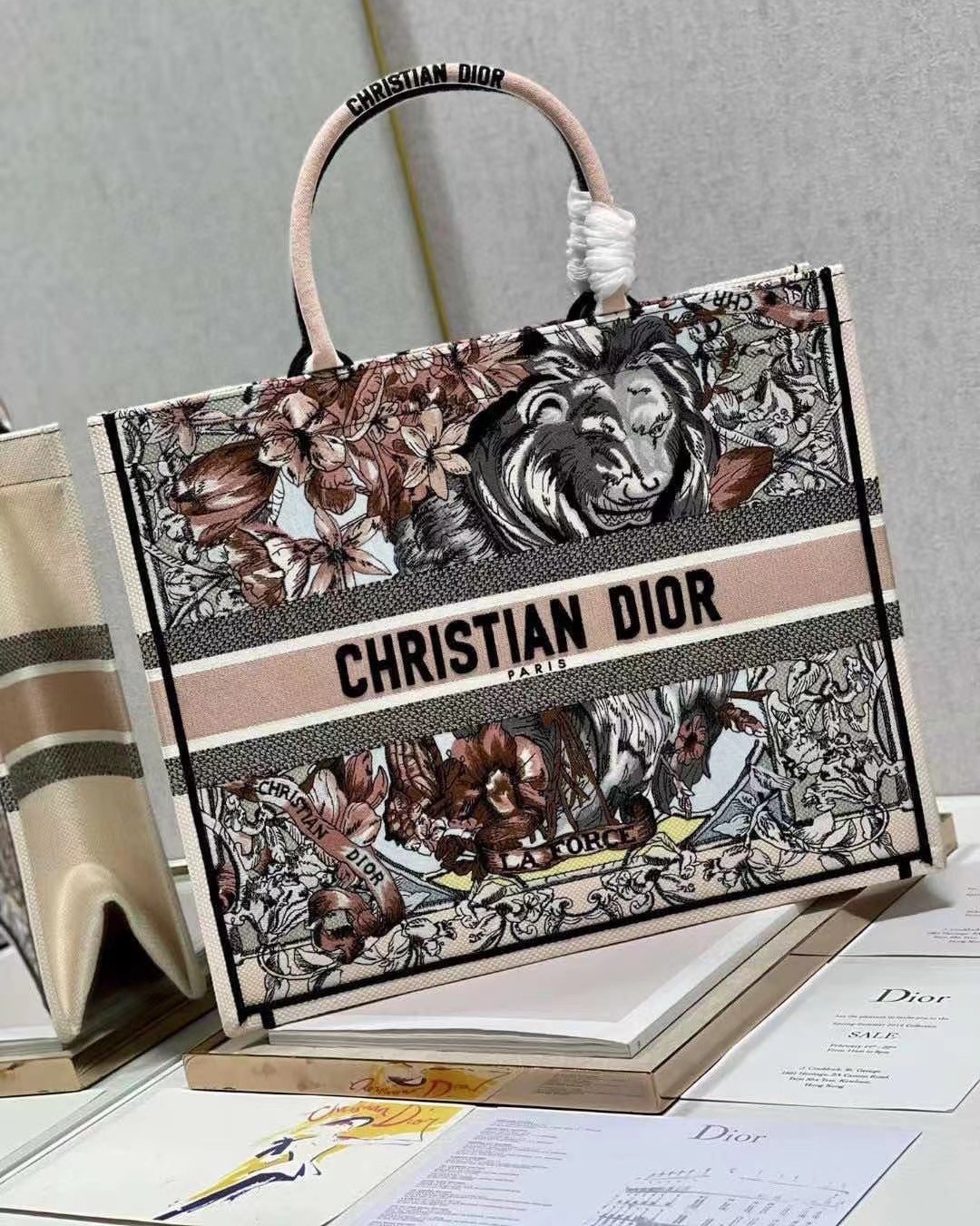 D*or book tote bag in multicolor la force embroidery