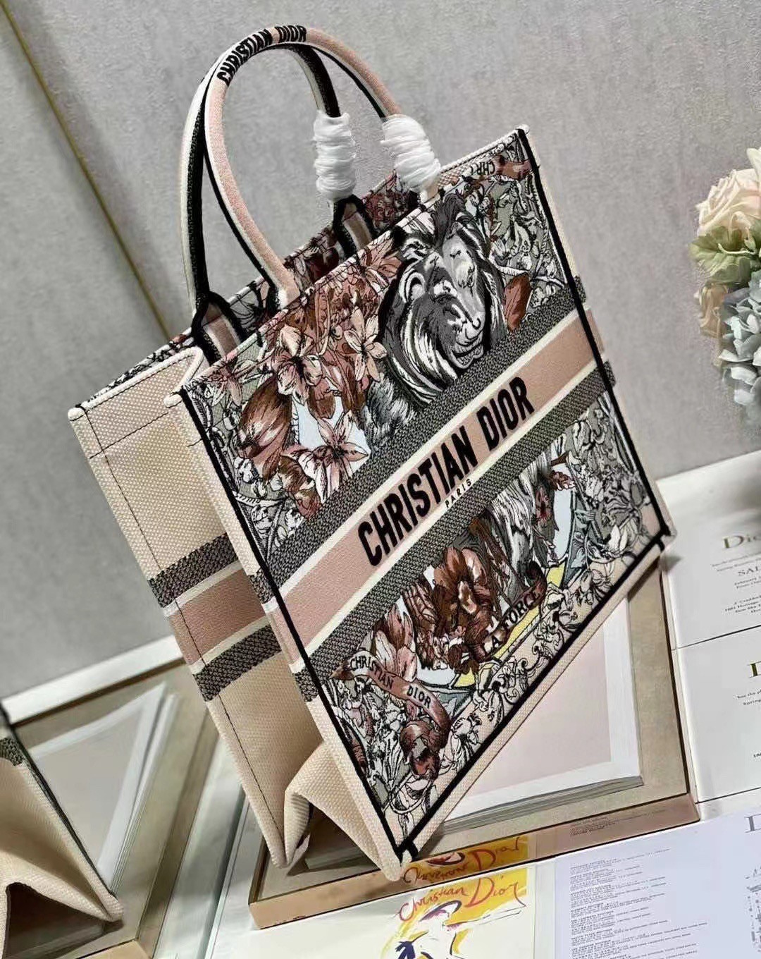 D*or book tote bag in multicolor la force embroidery