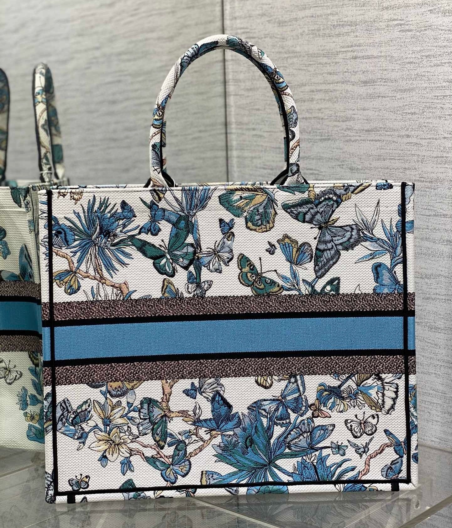 D*or large book tote bag in white and blue toile de jouy mexico embroidery