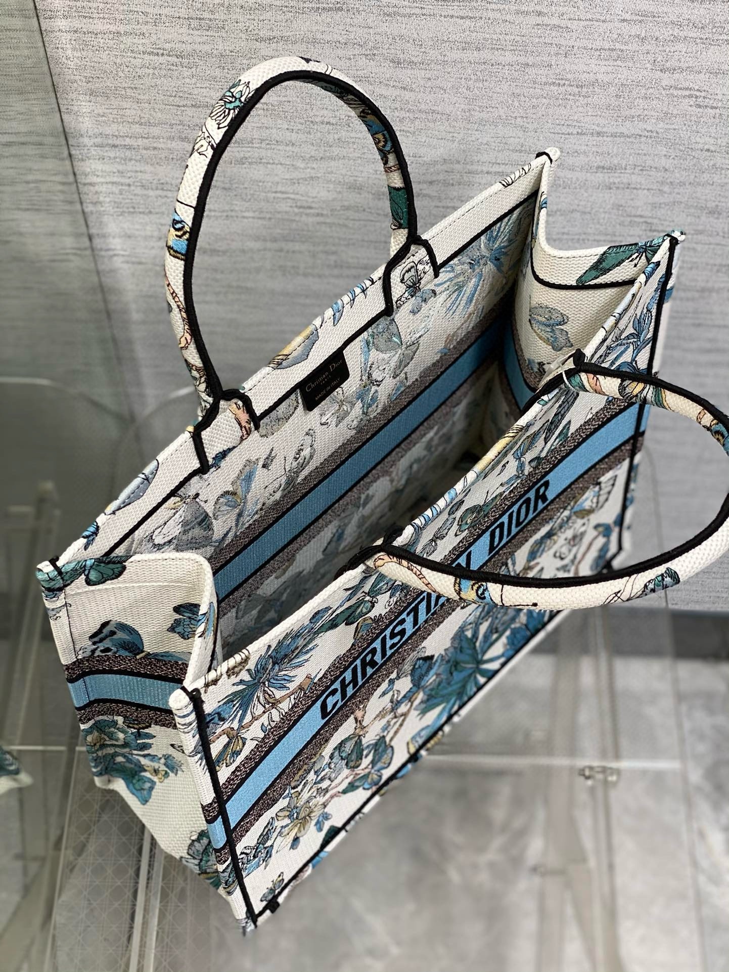 D*or large book tote bag in white and blue toile de jouy mexico embroidery