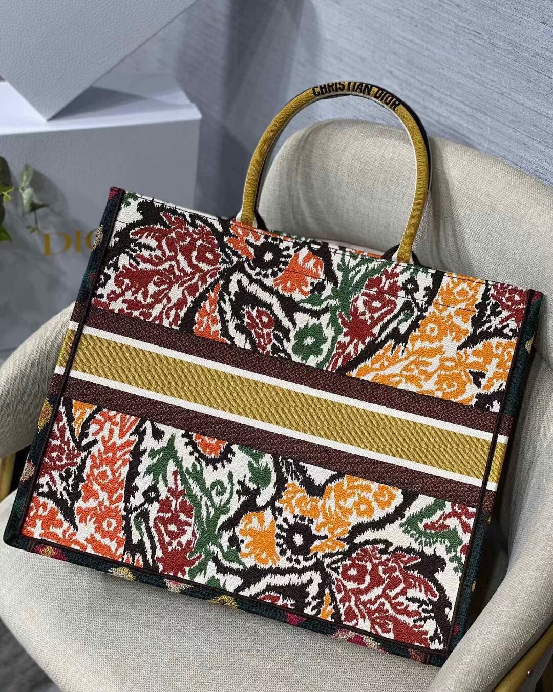D*or book tote bag in yellow multicolor D*or paisley embroidery