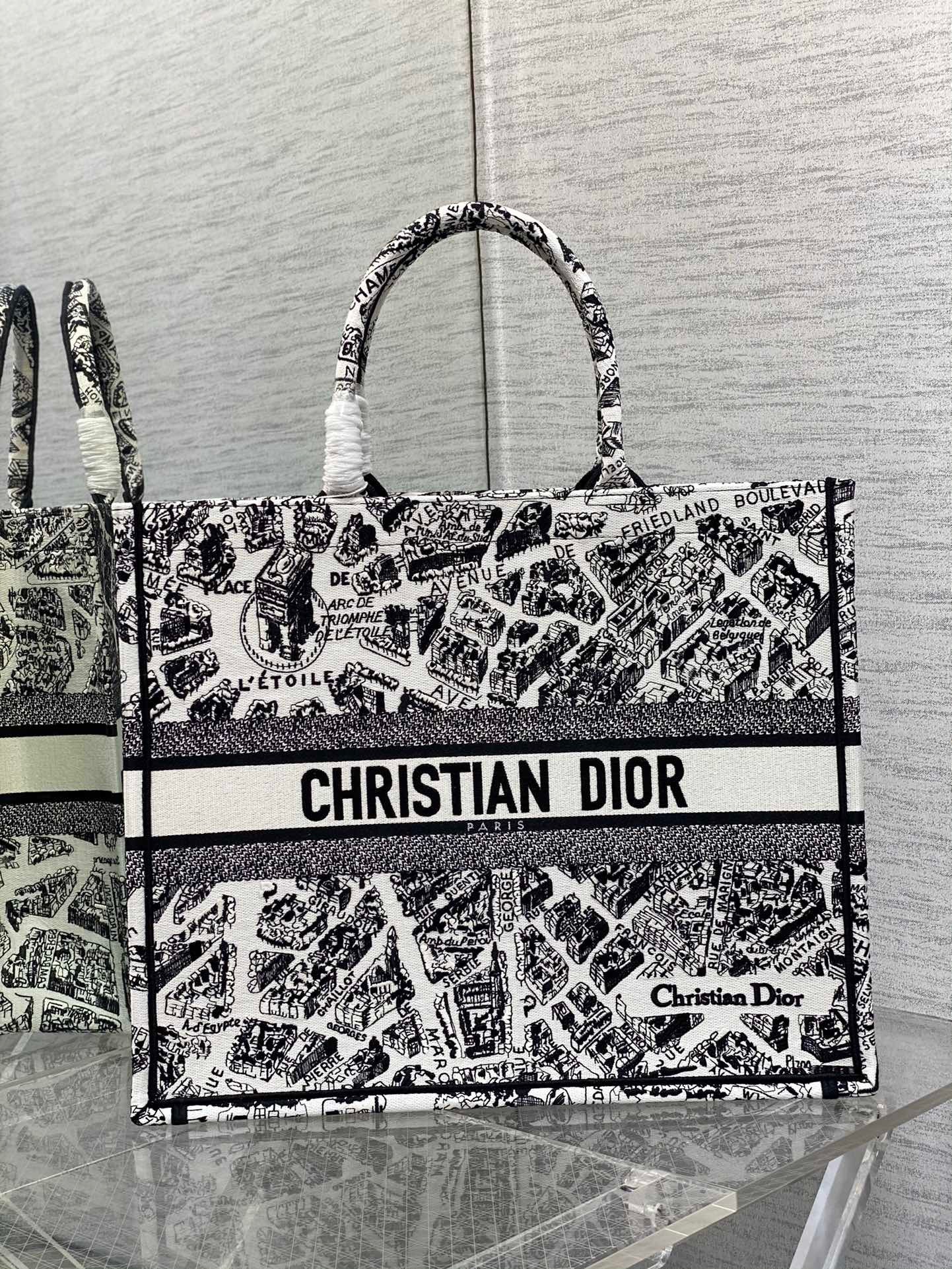 D*or large book tote bag in white plan de paris embroidery